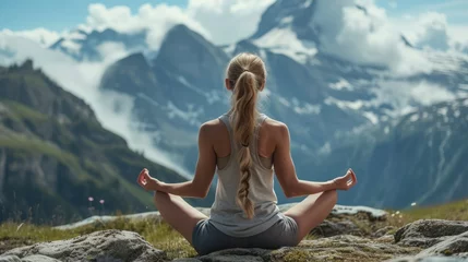 Fotobehang banner woman sits with her back in lotus yoga pose in nature around the mountain, fog. healthy lifestyle concept, advertising for travel to the mountains. mock-up, space for text, defocus © Anastasiya