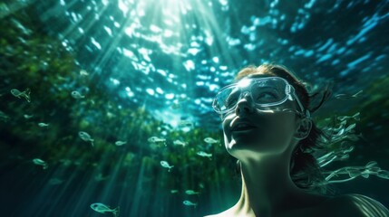 girl underwater wearing swimming goggles, there are schools of fish around her and the surface of the green water is visible