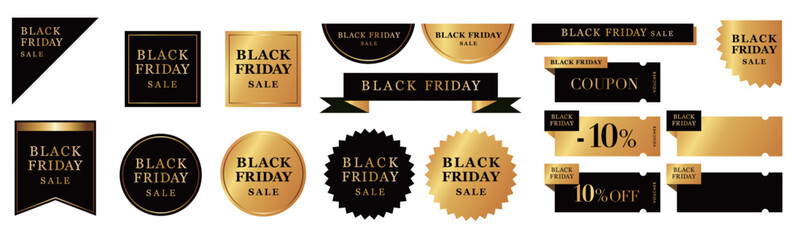 ブラックフライデーセールに使える高級感のあるクーポンやアイコンのベクターデザインセット