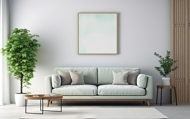Minimalistic interior design. Stylish living room interior style with mock up frame above single sofa. Wood, plants, natural off white colors. AI Generative.