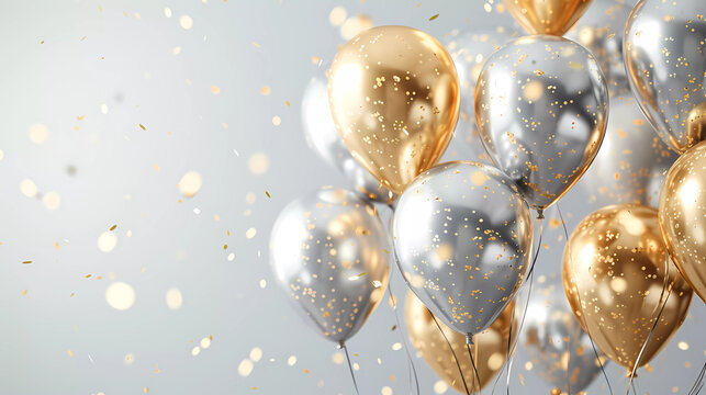 3d render realistic glossy metallic golden and silver balloon party with empty space for birthday, party, promotion social media banners or posters.	