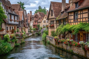 Fototapeta na wymiar France. Small waterway and classic half-timbered buildings.
