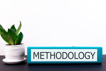 METHODOLOGY inscription on an office folder lying on a dark table with a flowerpot and flower on a light background