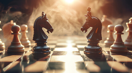 Chess Knights Face-Off a simple studio setting with soft lighting - obrazy, fototapety, plakaty