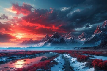 River and Mountain Sunrise in Western Landscape Amazing Western Mountains View at Sunrise