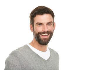 Portrait, smile and fashion with man, happiness and confident guy isolated on a white studio...