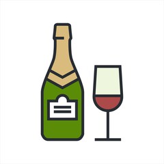 A bottle of wine and a glass filled with wine.Wine glass vector , color web icons set, new flat style. Creative illustration design, idea for infographics.