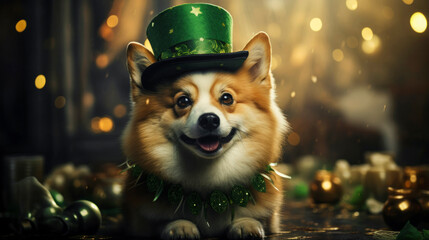 Red welsh corgi pembroke in a green hat celebrating St Patrick Day.