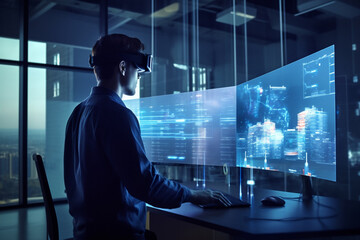 Programador con auriculares VR viendo gráficos de hologramas de la empresa en la oficina en una experiencia inmersiva