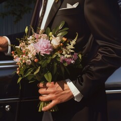 Man in Tuxedo Holding Bouquet of Flowers. Generative AI.