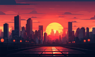 Sunset against the backdrop of the city. Vector illustration