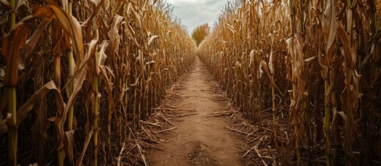 A dirt path traverses a corn field, surrounded by natural landscapes and flowering plants, creating an agricultural plantation in the field.