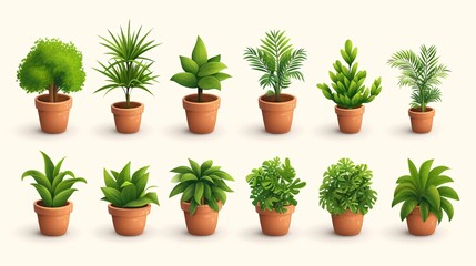 A collection of 3D cartoon icons featuring potted houseplants, trees, and grass shoots.