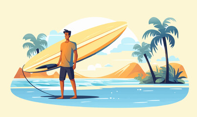 man standing with surfboard vector flat isolated illustration