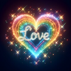 Glowing rainbow heart with love in lights background. 