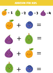 Addition for kids with different cute kawaii fruits.