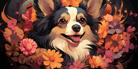 Cute long-haired chihuahua girl wearing a flower wreath. Portrait of a small dog.vector flat bright colors