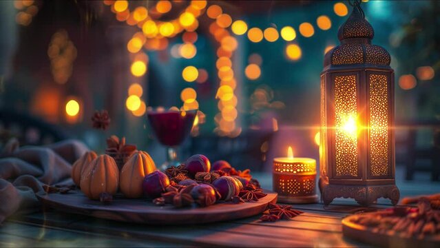 Table prepared for dinner in Ramadan with  Traditional Ramadan Lantern with Particle Lighting  Animation. Muslim family dinner. Islamic holiday Eid al Fitr.  4K Looping video for live wallpaper