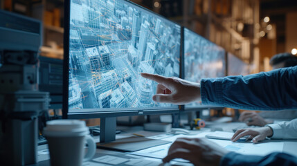 Construction. professional architect, engineer or interior hand working on virtual digital blueprint on computer in office center at construction site, technology, contractor, engineering concept