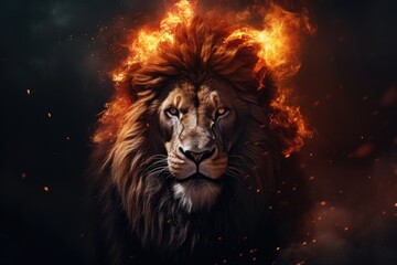 Naklejka premium cinematic portrait of a lion with flames surrounding its face. 
