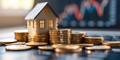 Stack coins in an upward graph with a house model as background, as the FED combats economic turmoil by raising interest rates, impacting home buyers. Financial concept of mortgage loans.
