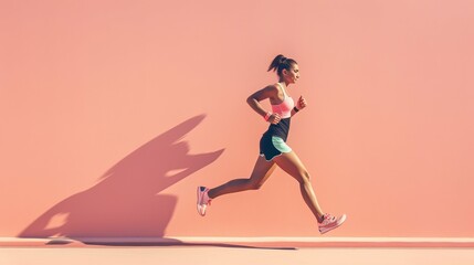 Fototapeta na wymiar Side view of female jogging and running against wall