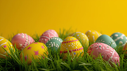 Easter decor, a vibrant display of decorative eggs nestled in lush green grass on a bright yellow background