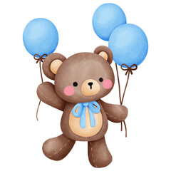 Teddy bear with balloons watercolor drawing