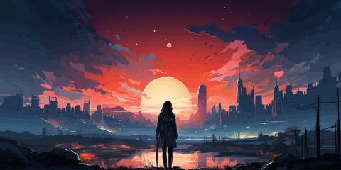 woman sitting outside against the futuristic city scene in the background vector flat bright colors