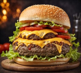 Cheeseburger - American cheeseburger with fresh vegetables on a wooden background
