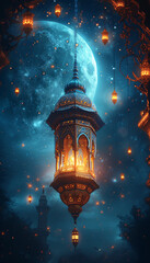 Ramadan Kareem greeting poster design with lantern  moon and stars