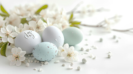 Fototapeta na wymiar Easter eggs accompanied by delicate flowers, set against a pure white background