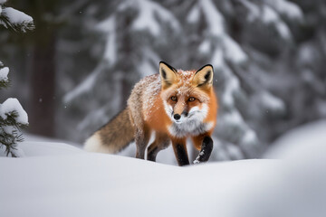 AI generated illustration of a red fox walking in a winter wonderland of snow-covered pine trees