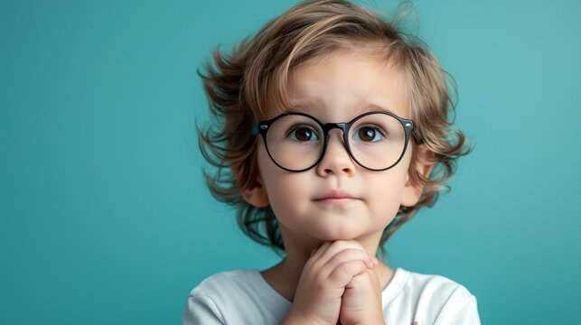 Intelligent young boy wearing spectacles on a vibrant backdrop.
