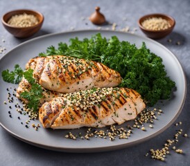 Grilled chicken breast with sesame seeds and parsley on a gray plate