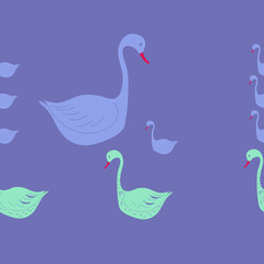 Horizontal arrangement  swans . Hand drawn.