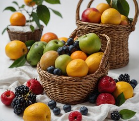 Naklejka na ściany i meble Variety of fresh fruits in a basket on a white tablecloth