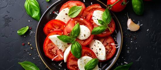 A delicious salad made with ripe plum tomatoes, creamy mozzarella, fresh basil, and fragrant garlic, served on a sleek black plate.