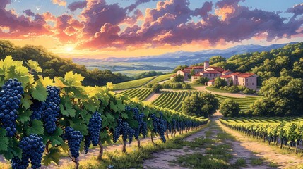 French vineyard in Burgundy, renowned for its wine tasting, featuring popular grapes in a scenic Bordeaux setting, with a serene winery and delectable French wines made from harvested cabernet grapes. - obrazy, fototapety, plakaty