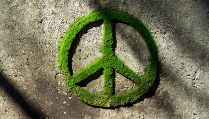 Peace symbol moss graffiti growing on the grey concrete wall with copy space.