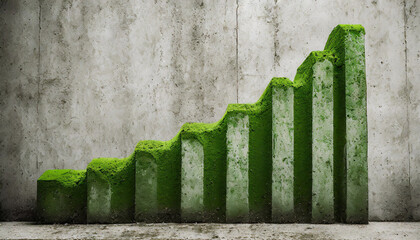 A growing green moss graffiti bar chart on a grey concrete wall, symbolizing eco-friendly business - Powered by Adobe