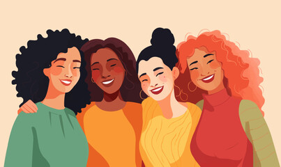 multicultural diverse group of women friends smiling happy vector illustration