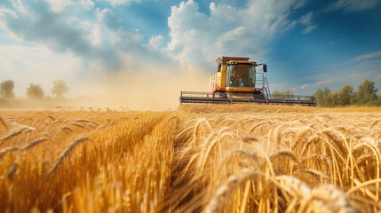 Fototapeta premium Harvester reaping wheat in golden field at dawn.