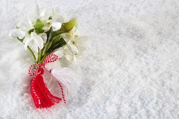 Snowdrops flowers with a red and white martenitsa on a snow background. Martisor and Baba Marta.
