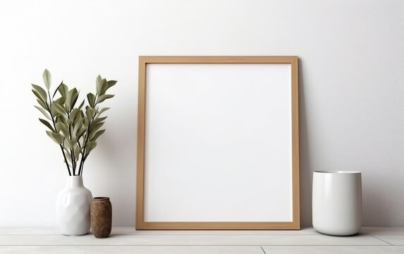 Blank wooden picture frame mockup on off white wall in modern interior. Vertical artwork template mock up for artwork, painting, photo or poster in interior design with green plants. AI Generative.