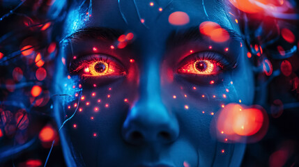 Intense eyes with red neon light reflections.