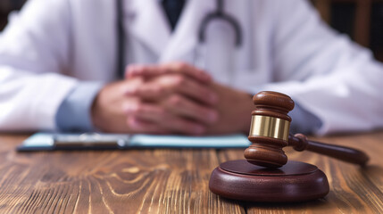Gavel in focus with doctor and stethoscope behind.