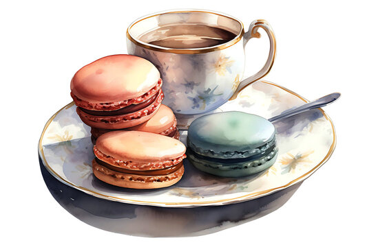 Watercolor painting of colorful macarons on a plate with tea.