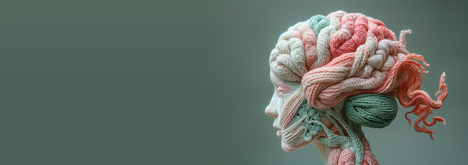 Human brain knitted with wool, self esteem and mental health concept, positive thinking, creative mind, consciousness
