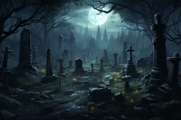 Chilling Necromancer cemetery dark background. Skull night. Generate Ai - obrazy, fototapety, plakaty